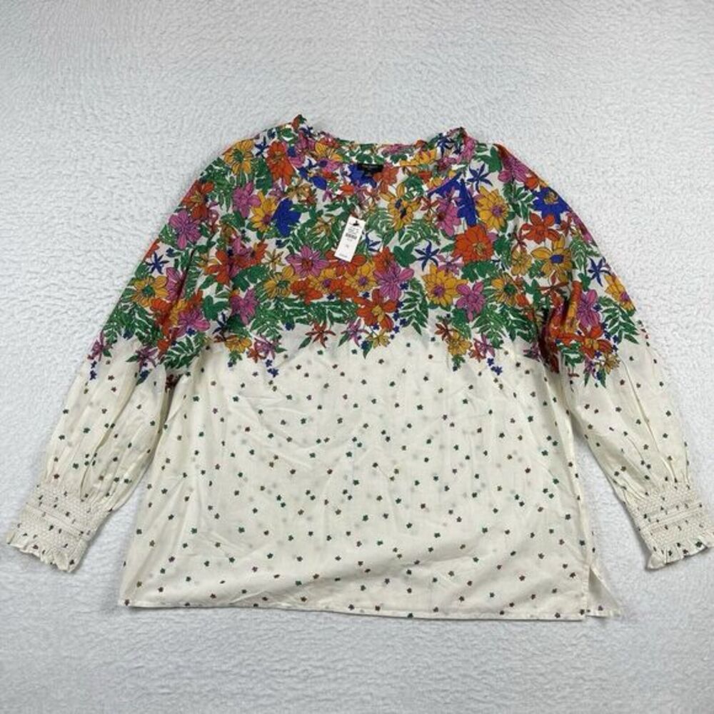 Talbots Shirt Womens 1X Cream Blissful Floral Smocked Cuff Blouse Ruffles Boho